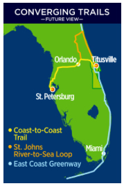 Map of the 3 major bike/walk trails that converge in Titusville, Florida